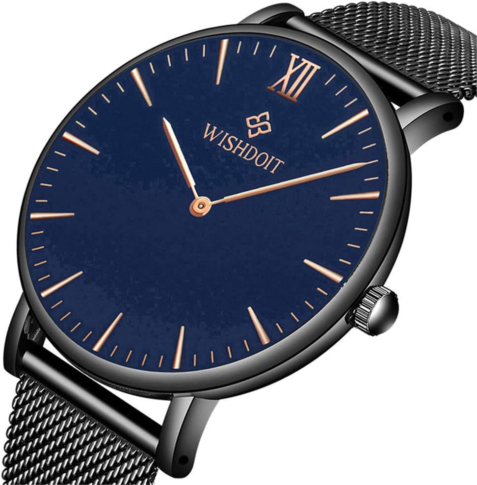 Men's Watch Ultra-Thin Minimalist Black Quartz Watch Fashion Waterproof Watch for Men Stainless Steel with Classic Black Milanese Mesh/Leather Band