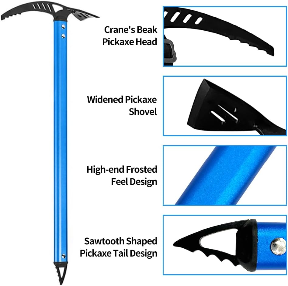 Outdoor Camping Ice Axe Walking Pick for Camping Aluminum Alloy Mountaineering Axe Glacier Climbing Tool Lightweight Design,70 Cm (Blue)