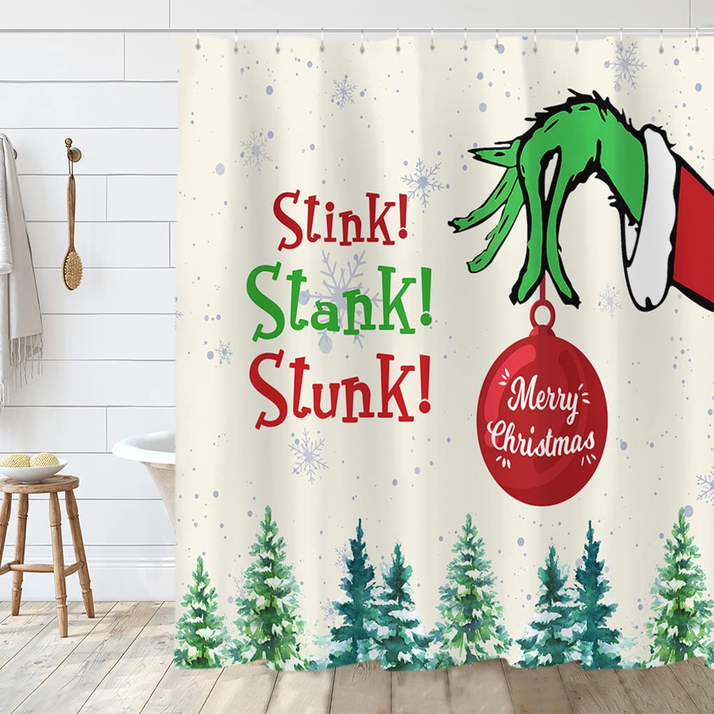 Tititex Merry Christmas Grinch Shower Curtain Sets, Happy Holiday Red Bell Forest Snowflake Beige Bathroom Curtain Decoration 71x71 Inch with Hooks