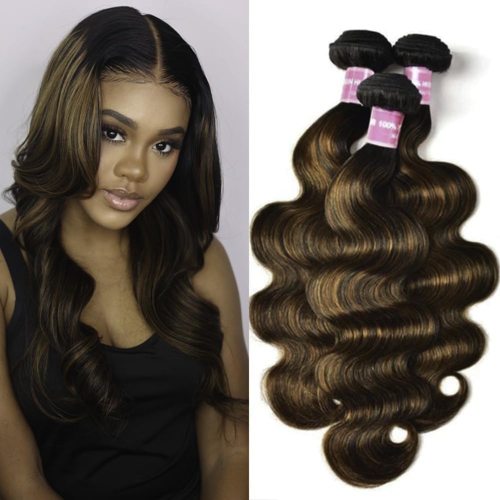 KLAIYI Ombre Brown Highlight Body Wave Human Hair Extensions 3 Bundles of 12 14 16Inch Balayage Honey Blonde Virgin Hair Weaves for Women Double Wefts Wavy Remy Hair with Dark Roots Sew In Piano Color