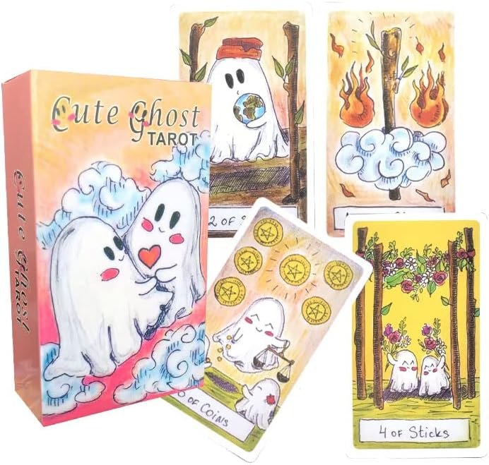 mrdiyshisha Cute Ghost Tarot Deck, 79 Funny Halloween Tarot Cards Based on Rider Waite Smith System (Mini Size: 4.06" x 2.36")