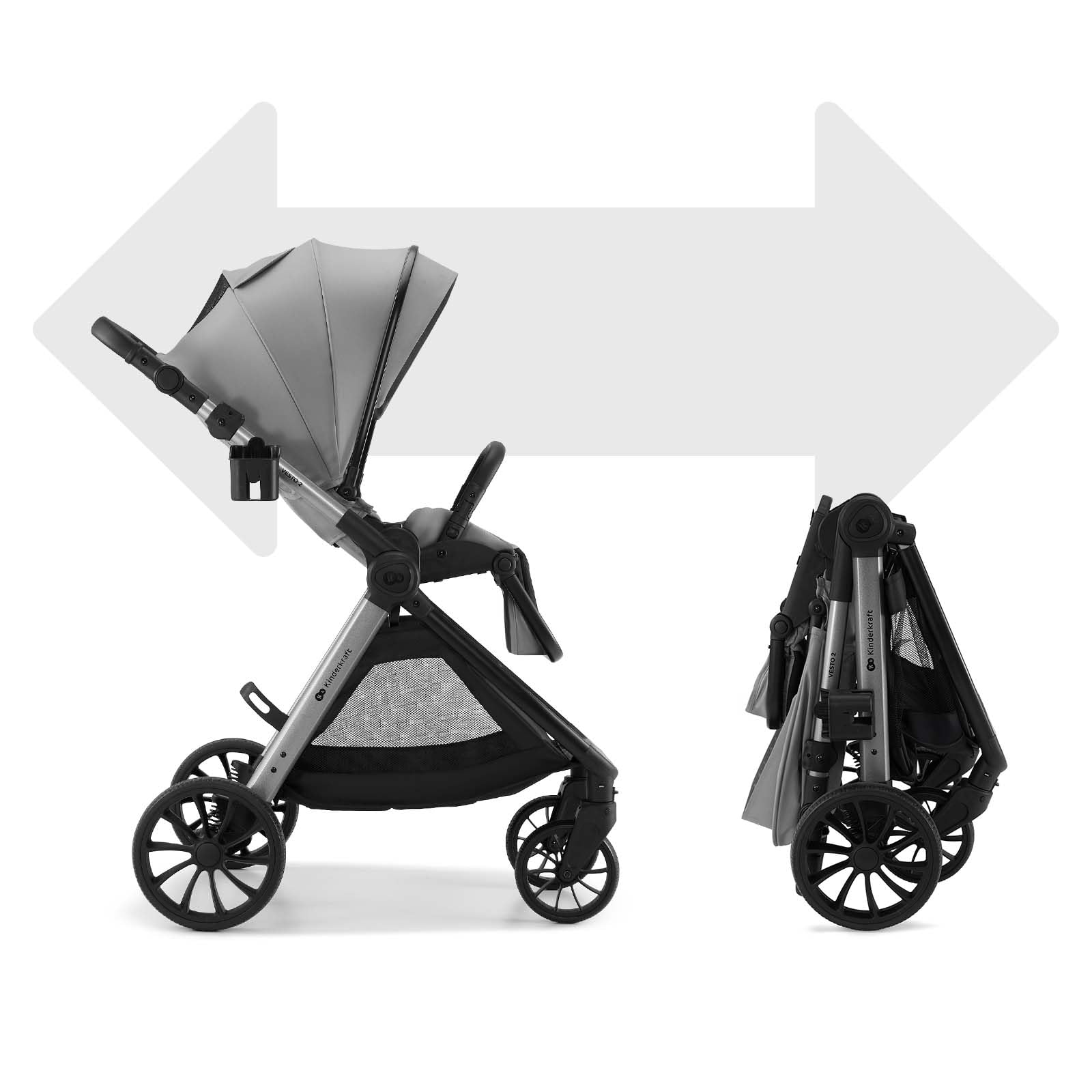 Kinderkraft VESTO 2 Kombikinderwagen 2-in-1, Buggy & Babywanne, ab Geburt bis 22 kg, beidseitige Sitzeinheit, faltbar self-standing, Federung, Travel System, Grau