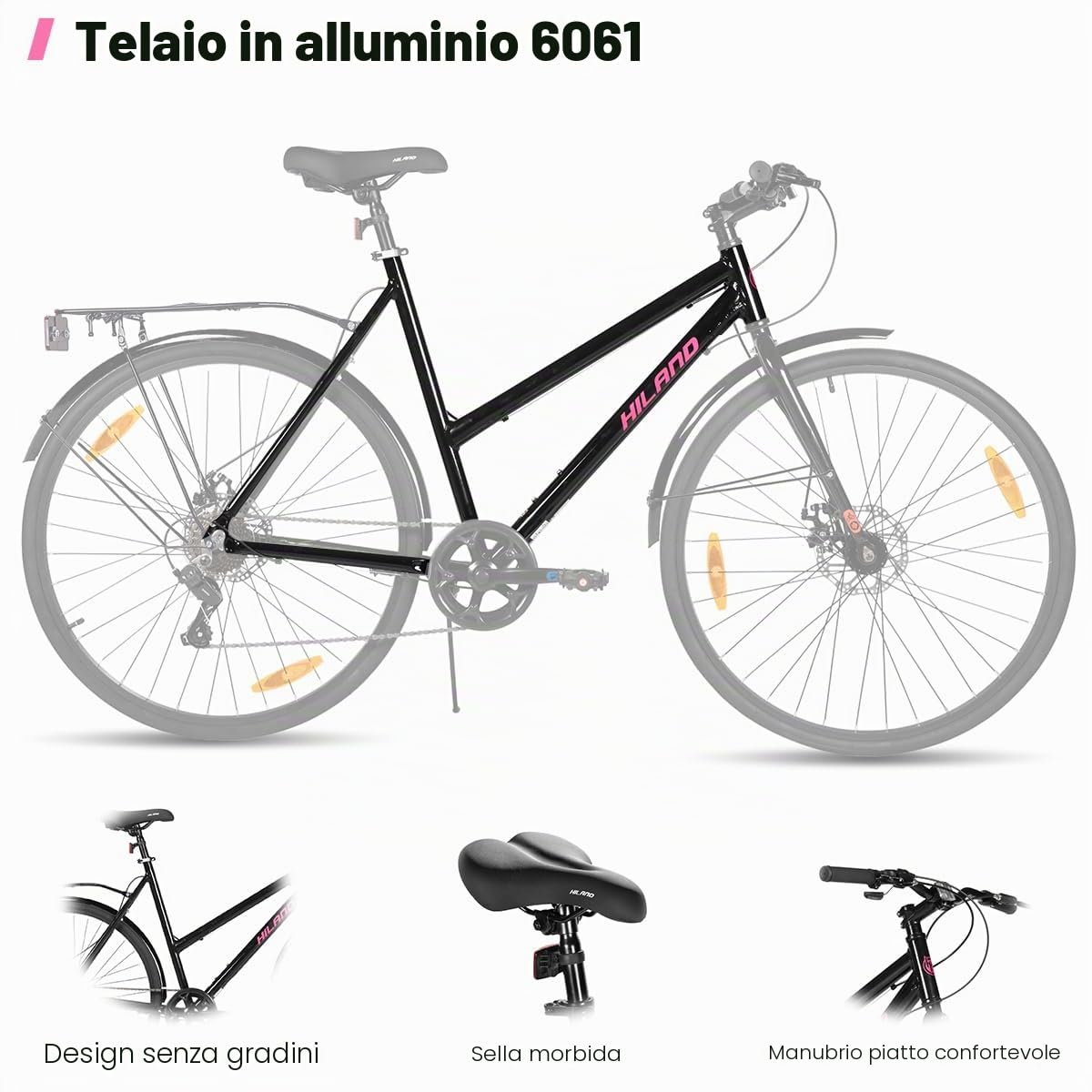 HILAND Bicicletta da Corsa 28 Pollici 700C, Bici da Città in Alluminio con Cambio a 7 Velocità e Freni a Disco, Bicicletta Urbana Confortevole per Uomo e Donna, Nera