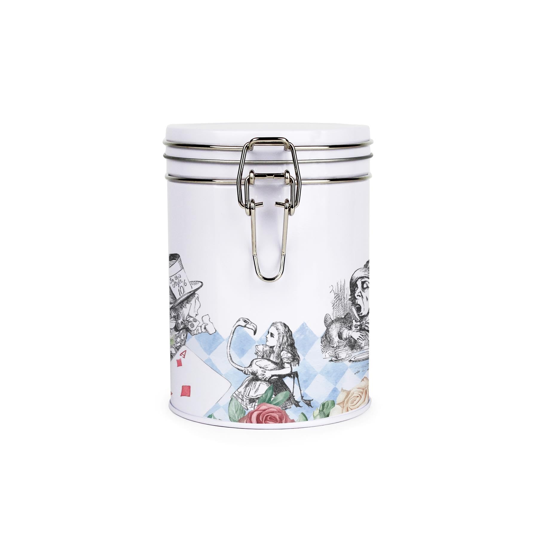 Purely Home Alice's Adventures in Wonderland Canister - White Metal Clip Lid Kitchen Storage Jar/Container Gift 700ml (13cm x 9.5cm)