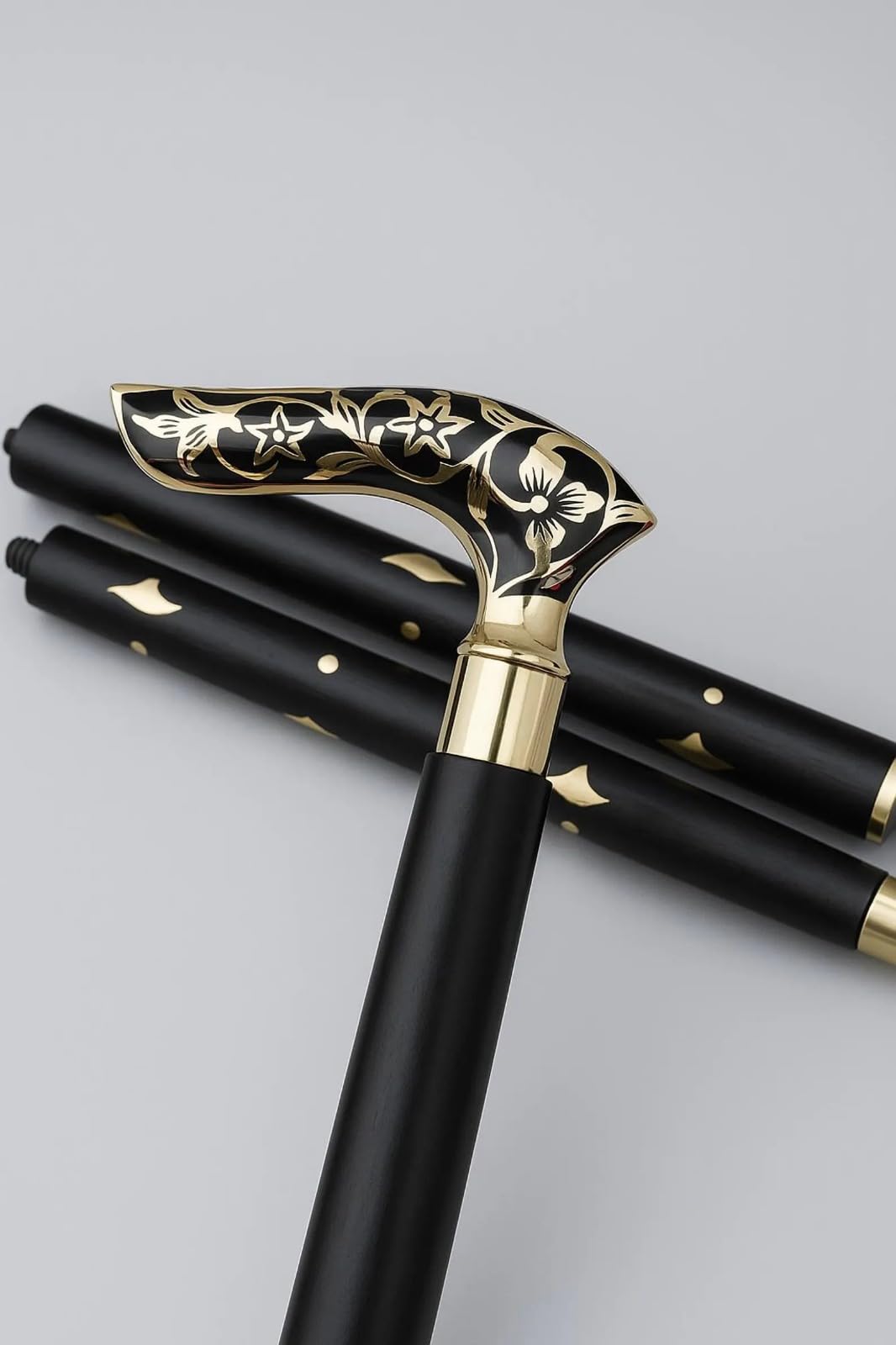 Premium Brass Handle Walking Stick, 3 Section Foldable Wooden Cane, Handcrafted Vintage Walking Cane, Gentleman’s Gift for Him Collectible Black (Black)-image-48
