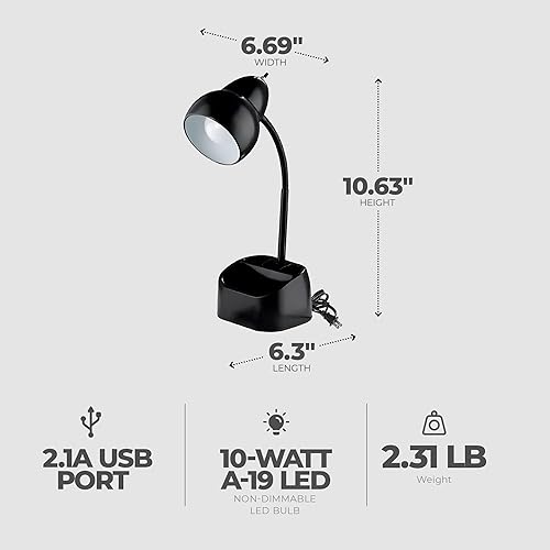 Miniatura 2 de Globe Electric - Lámpara eléctrica de escritorio con cuello de ganso de 6.3 x 6.69 x 10.63 pulgadas con bombilla LED A-19 no regulable, puerto USB