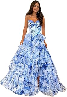 Floral Prom Dresses 2025 Tiered Ball Gown A-Line Long Strapless Formal Evening Party Dress for Women - Buy now