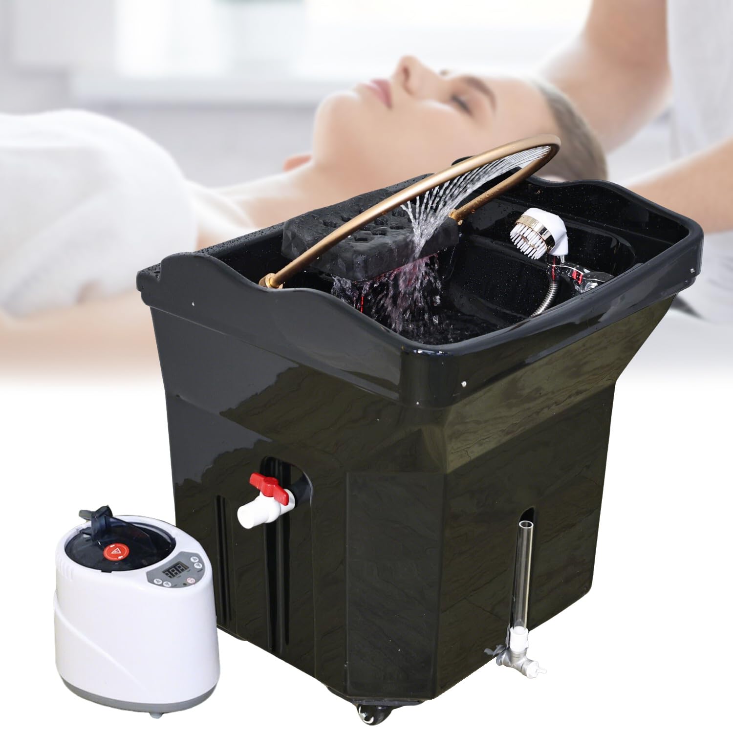 Lavacabezas Móvil para Peluquería, Equipo de Tratamiento Capilar con Depósito de 60L, 4 Ruedas Bloqueables, Almohada Ajustable, Fototerapia y Vaporización, Ideal para Spas y Salones de Belleza, Negro
