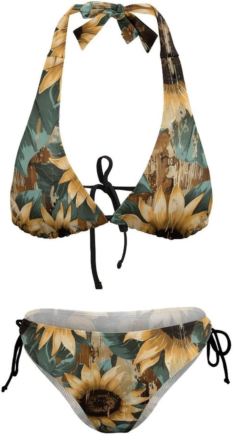 Sunflower Vintage Wood Novelty Women's 2 Piece String Bikini Set Swimsuits Bathing Suit Swimwear