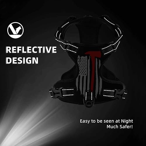 Miniatura 6 de Arnés para perros grandes con correa sin tirones, 2 clips para correa, ajustable, suave, con bandera estadounidense, bombero, hacha cruzada, juego