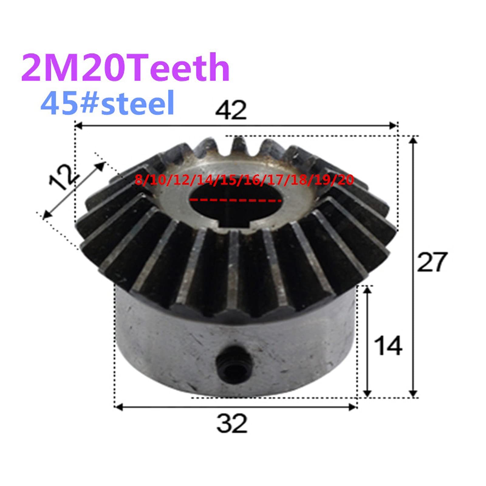 2 Pcs Kegelrad 2 Modulus 20 Zähne Innenlochdurchmesser 8-20mm Zahnrad 90 Grad Eingriffswinkel Stahl Gears Schraubloch M5