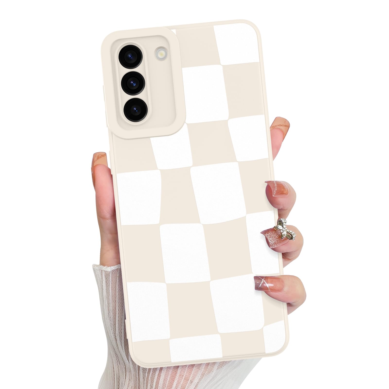 KANGHAR Compatible with Samsung Galaxy S21 Plus Case, Silicone Checkered Cute Pattern, Camera Protection Soft Slim Phone Case for Girls Women -White
