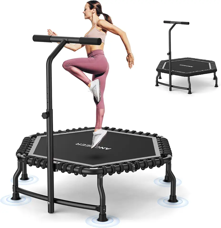 ANCHEER Trampolim Rebounder De 50" Para Adultos Com Barra, Mini 550 Libras, Exercício Silencioso, Rebounder, Bungee, Salto, Treinador Cardiovascular (Prata)