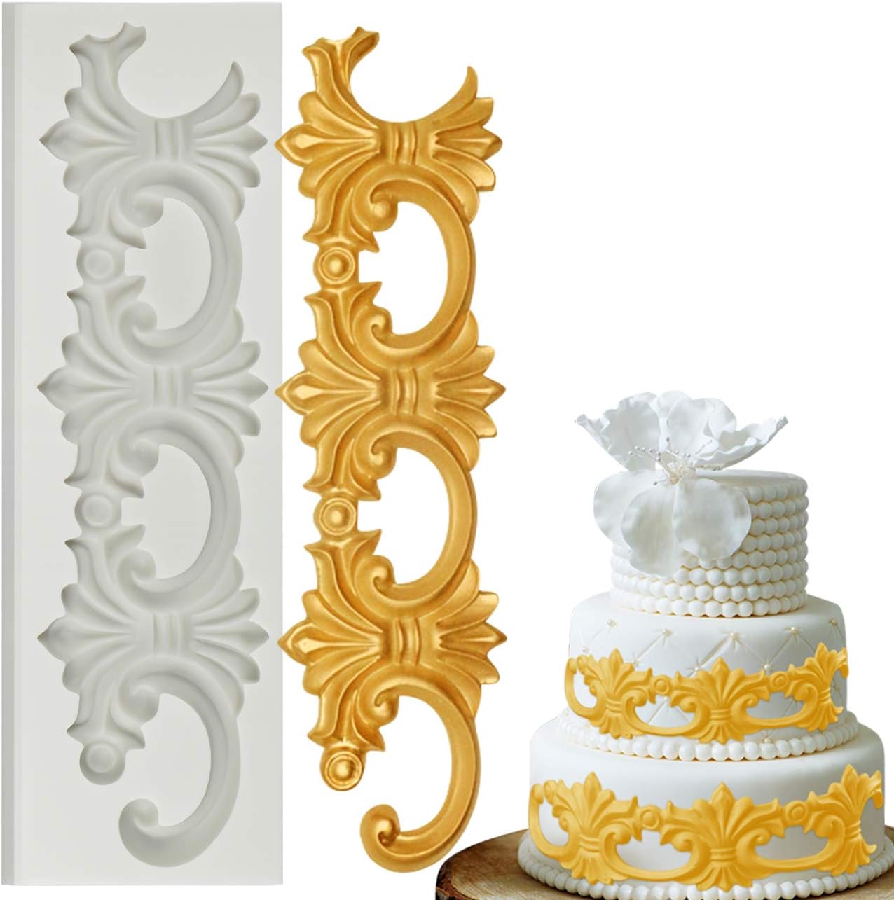 Mity rain Vintage Relief Cake Border Silicone Mold - Baroque Scroll Royal Fondant Mold, DIY European Frame Candy Chocolate Sugarcraft Gum Paste Cake Cupcake Decorating Tools