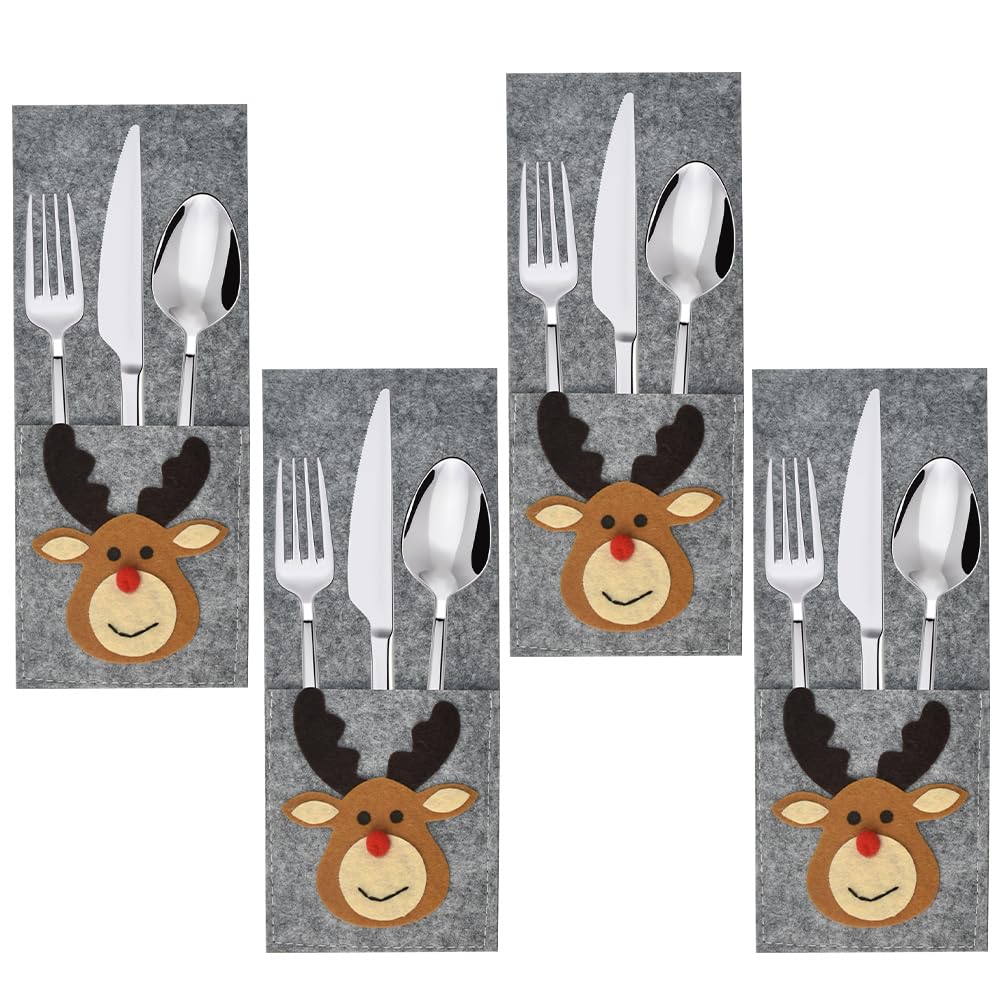 DTYGUIXE Porta Cubiertos de Navidad, 4 Bolsas para Cubiertos de Navidad de Fieltro Gris Fundas para Cubiertos Navideñas con Motivos Reno de Dibujo Animado Decoración de Mesa Navideña