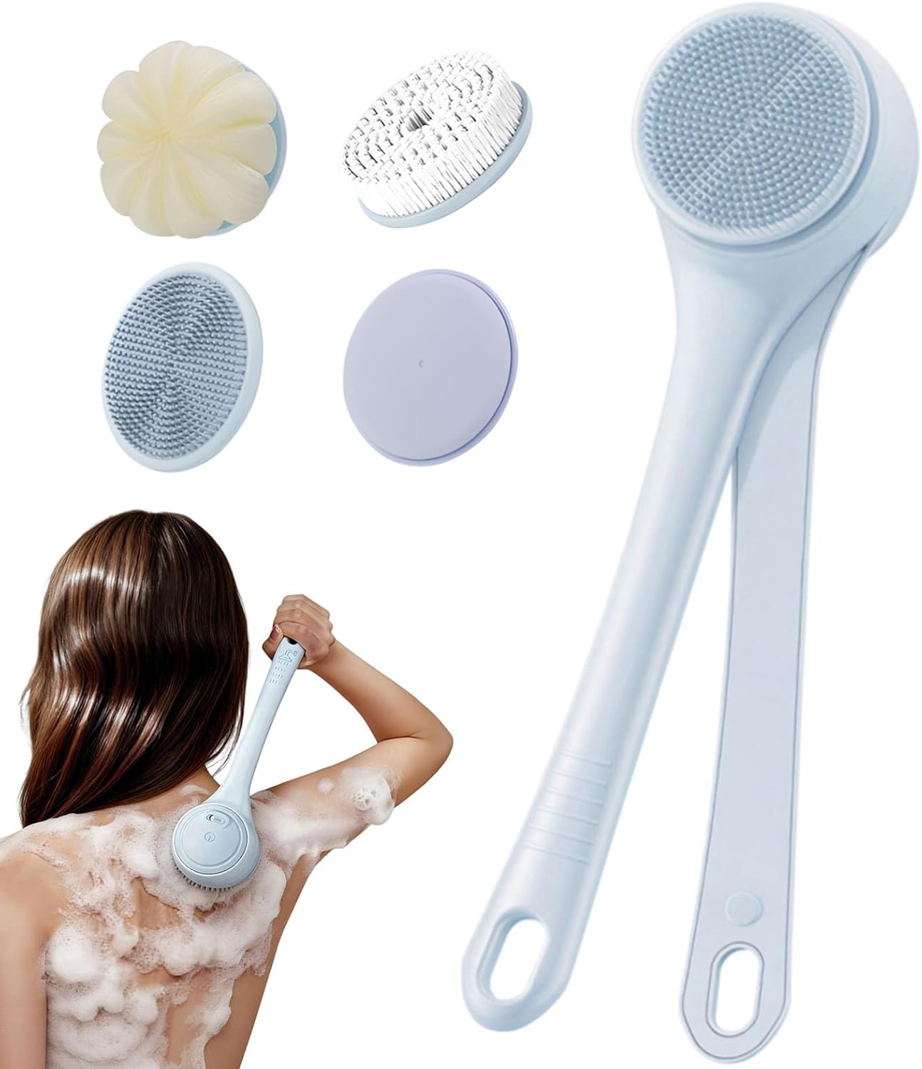 Electric Back Scrubber for Shower - IPX7 Waterproof Rechargeable Dual Handle Power Exfoliating Bath Brush with 4 Heads 2 Speeds for Cleansing, Exfoliating & Massaging Skin (Blue)