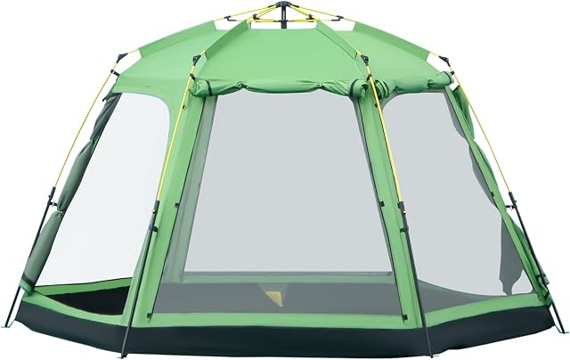 Outsunny 6 Person Pop Up Camping Tent, 2-Tier Design Backpacking Tent with 4 Windows 2 Doors Portable Carry Bag for Fishing Hiking, Green