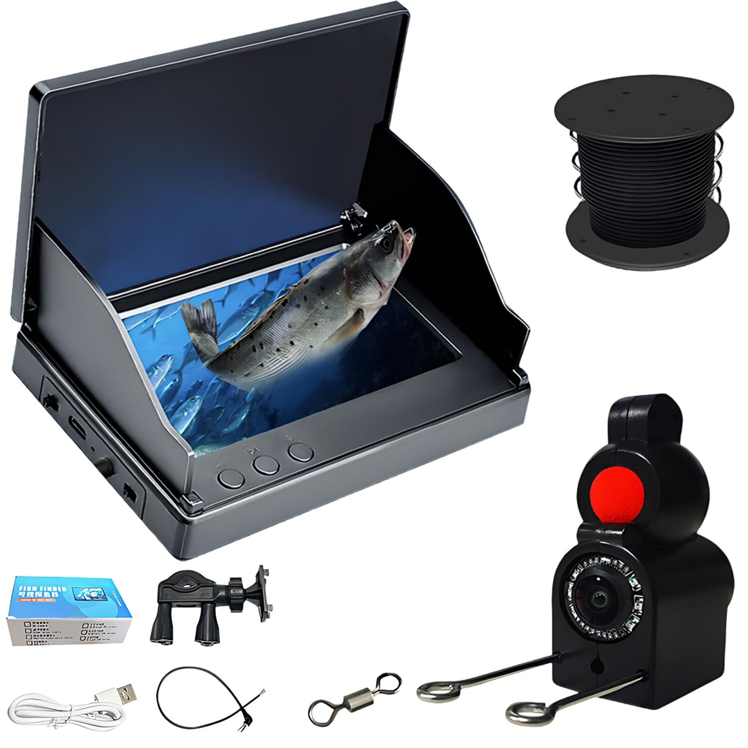 Cámara subacuática para pesca, buscador de peces, cámara con pantalla IPS de 4,3 pulgadas y cable de 30 m, resistente al agua, gran angular de 220°, visión nocturna, cámara de pesca subacuática para