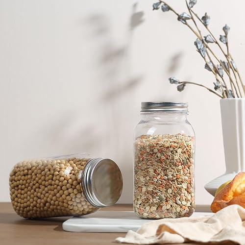 Miniatura 7 de Naivees Tarros Mason de 32 onzas de plástico transparente con tapas herméticas plateadas, paquete de 12 tarros de plástico para almacenamiento de