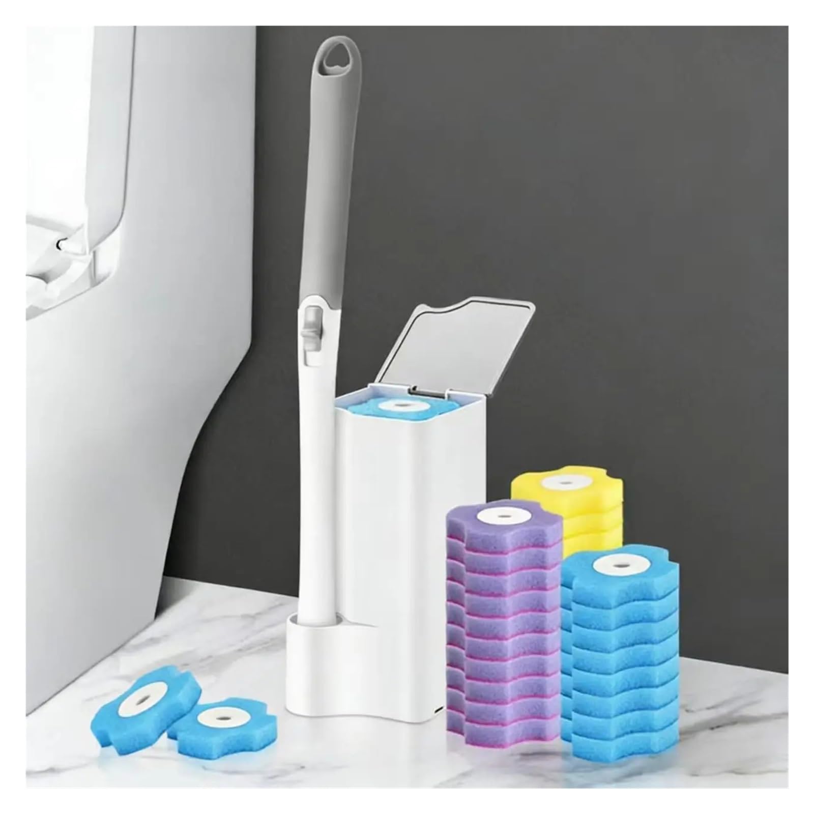 Generisch WC-Bürstengarnitur mit langem Griff und Einweg-Ersatzköpfen, hygienisches Badezimmer-Reinigungswerkzeug-Set, WC-Zubehör(Blue 72PCS)