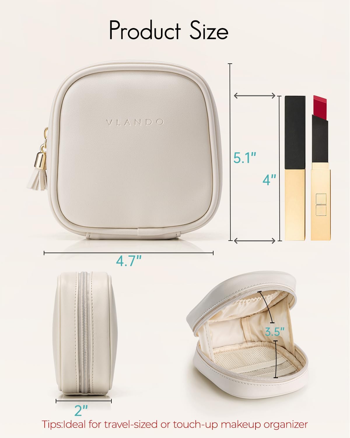 VLANDO Makeup Bag for Purse,Water-Resistant Pouch with Pockets,Cream White