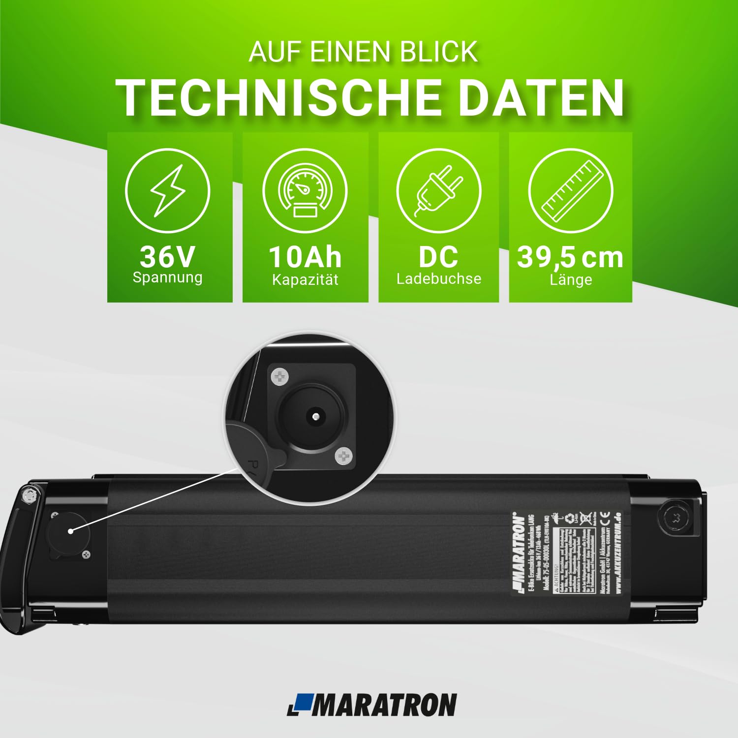 Maratron Ersatz-Akku 36V 10,4Ah (374Wh) kompatibel mit TELEFUNKEN Multitalent, ZÜNDAPP Z510, Z517, Green 2.7, Green 3.7 u.v.m. (39,5 cm)