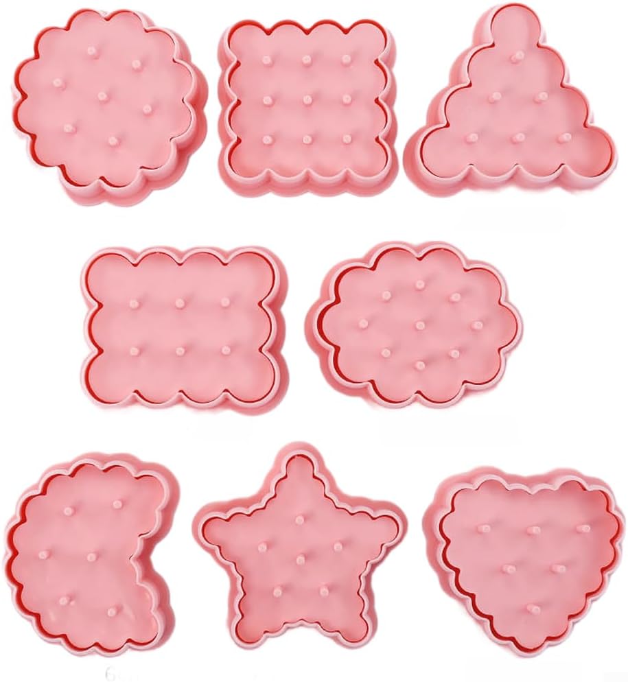 8 Pcs Multi Shape Cookie Cutter Set, Pink Biscuit Cutter Molds, PP Baking Stamps for Kitchen Dessert Fondant Sugar Cake Decoration