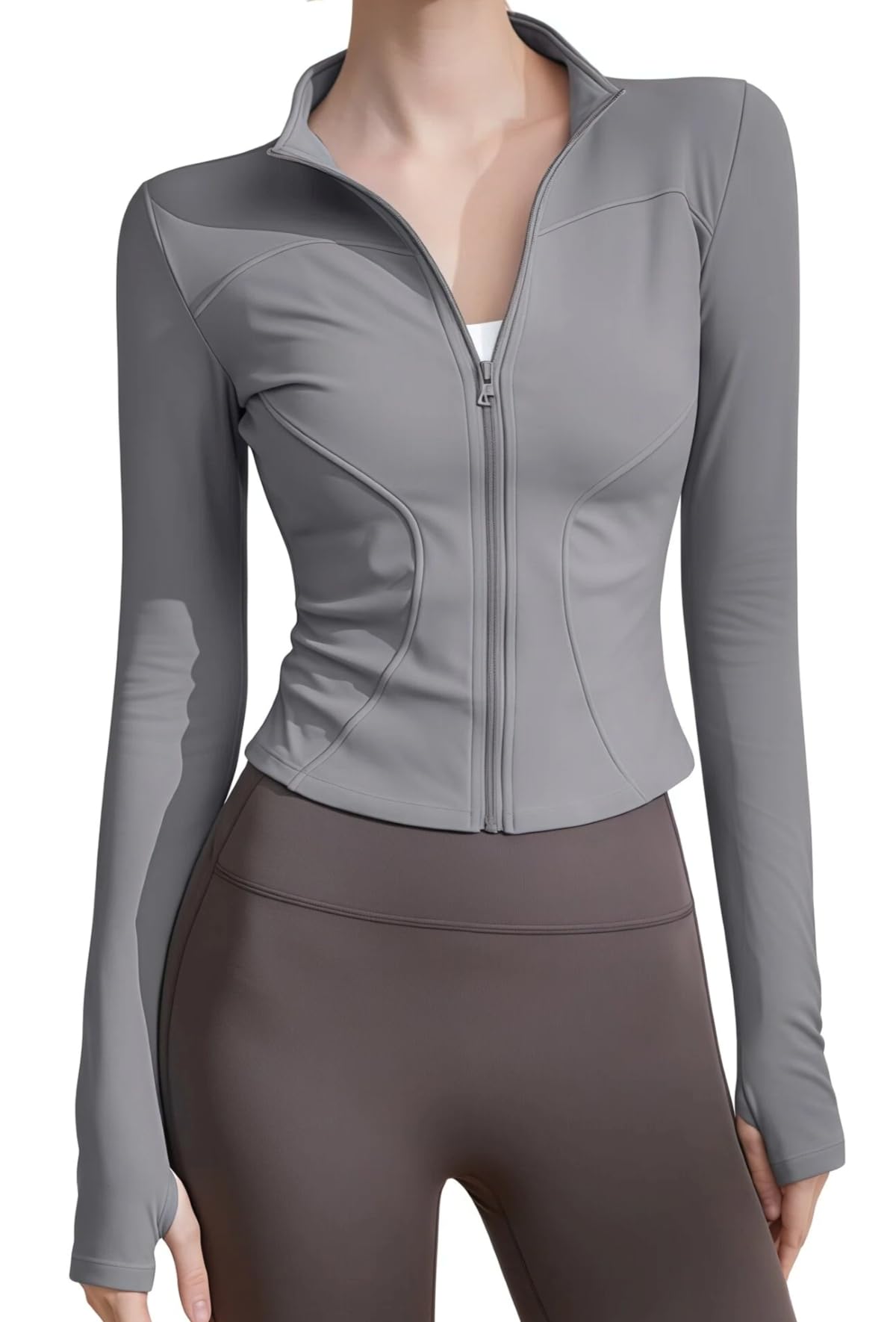 Chaquetas deportivas para mujer, con cremallera, absorben la humedad, de secado rápido, ligeras, de manga larga con agujeros para el pulgar, para yoga, gimnasio, correr — view 7