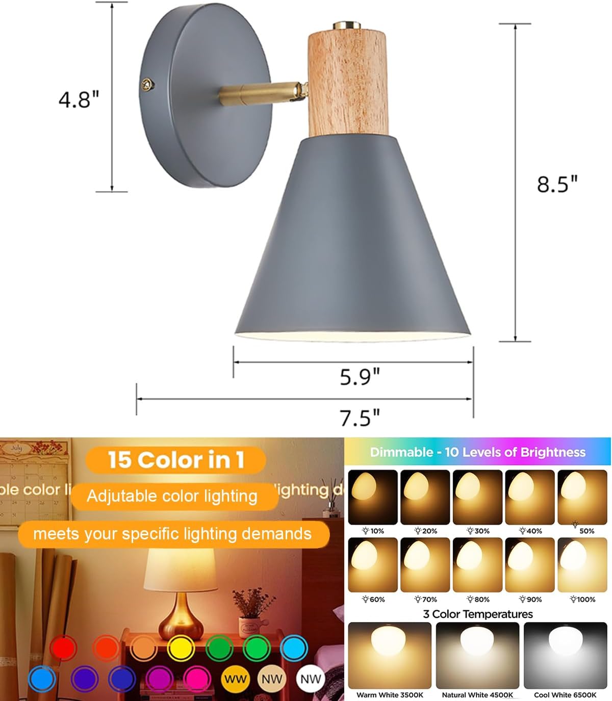 Battery Operated Wall Sconces Lighting Set of 2, Adjustable Wireless Wall Lamp, Cordless Wall Lighting with Remote and Dimmable Rechargeable Bulbs for Bedroom Living Room (Grey)