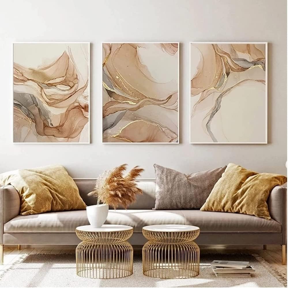 Tableau sur toile marbre beige et or en 3 pièces pour la décoration murale du salon, 60x80cm