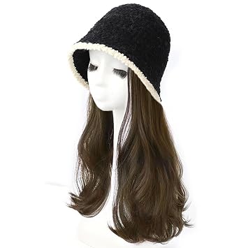 Black Bucket Hat Wig, Womens Long Curly Wavy Hair for Girl Daily Wear Travel Outdoor Shootingdark brown,B