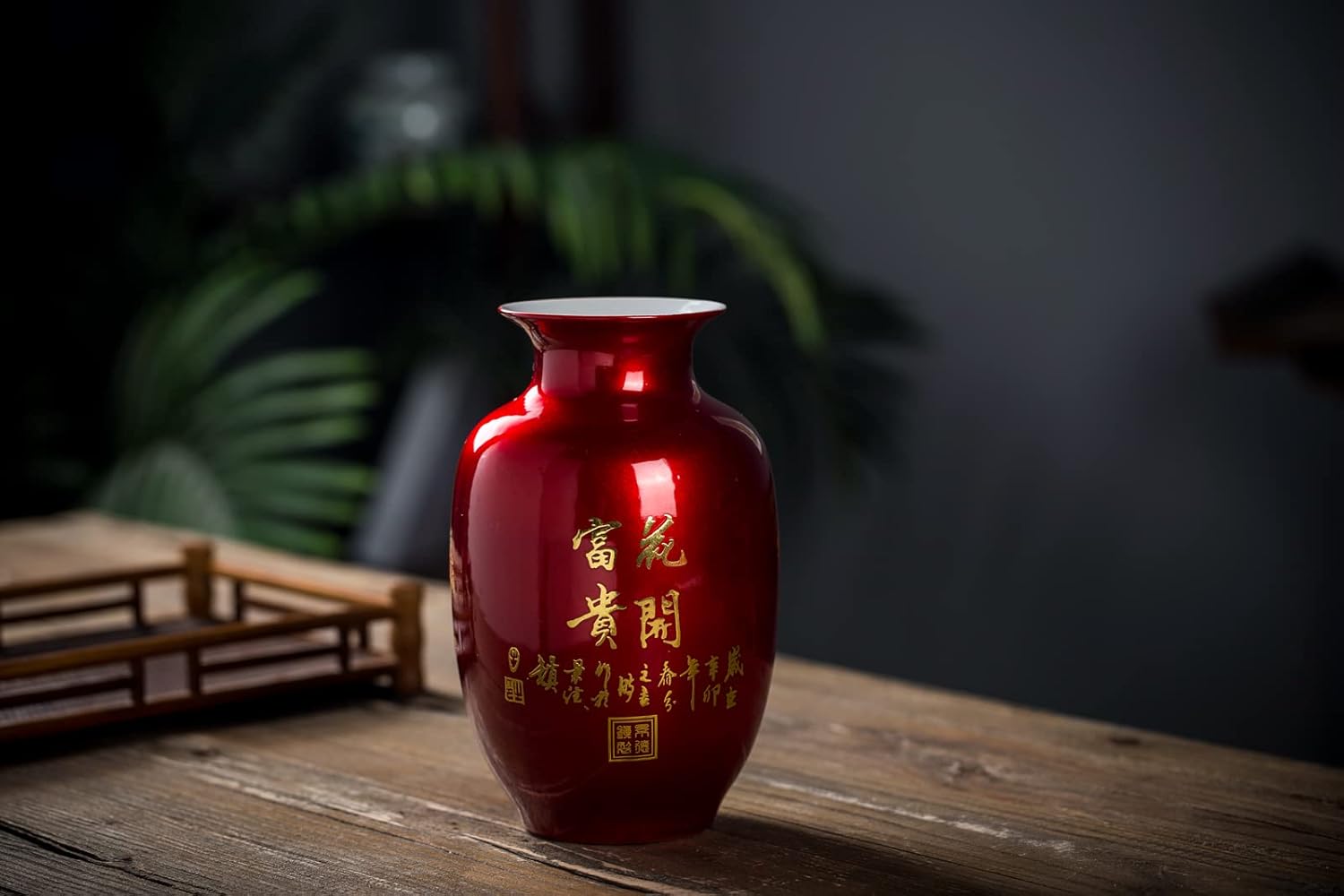 Red Vase Oriental Ceramic Flower Vases Decorated with Peony Design for Home Living Room Ornaments and Wedding Tall 9'' - Image 4