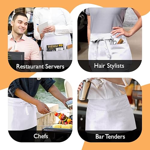 Miniatura 17 de Server Aprons with 3 Pockets, 100% Polyester Waist Apron with Pockets, 24x12 Inche Waitress Apron with Pockets Negro -,Blanco,Azul marino