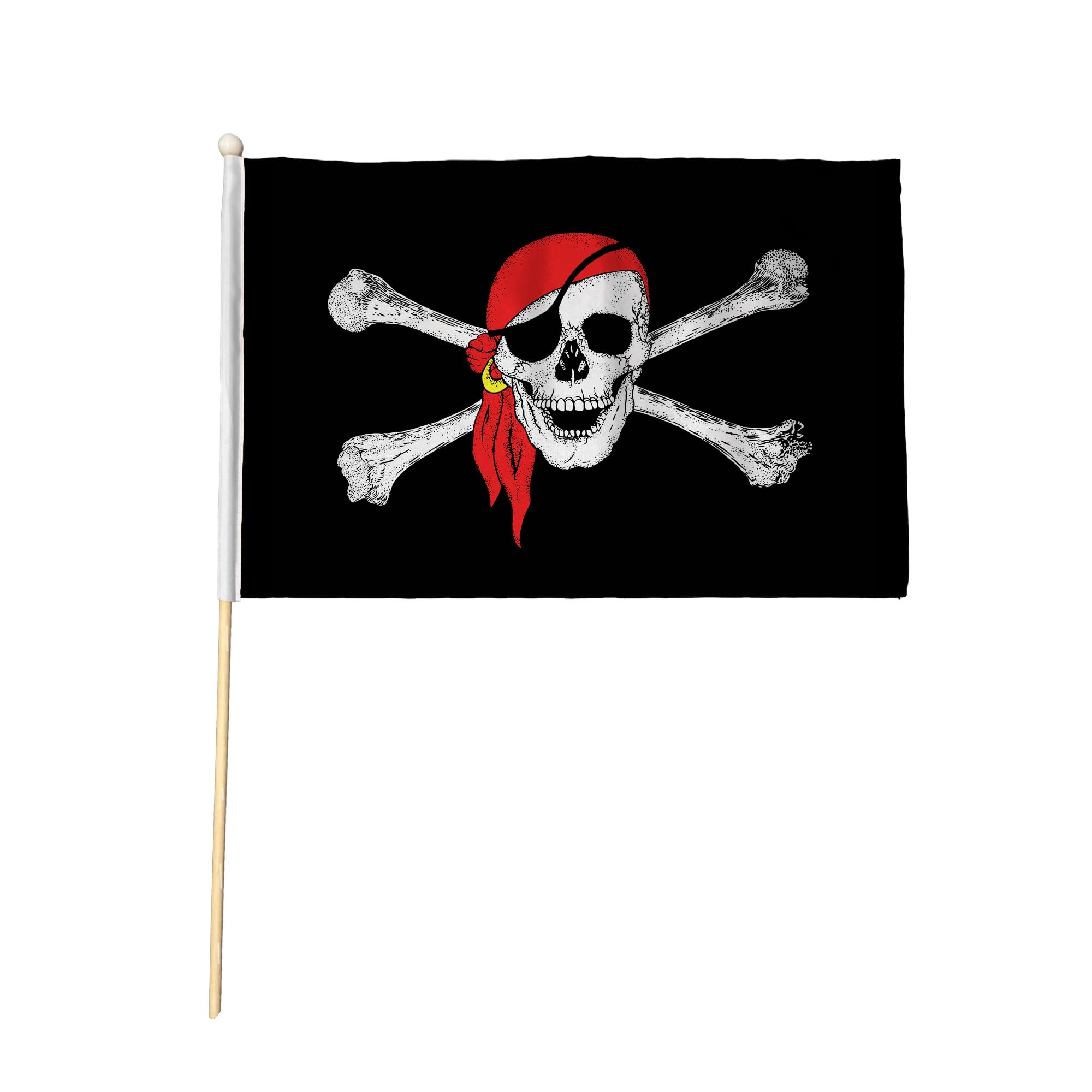 Flagtex Pirate Bandana Pack of 6 Hand Waving Flag (18x12 Inch Large) - Premium Wooden Stick Pirate Flag Big Size Natural Wood Pole Red Skull Headscarf Jolly Roger Party