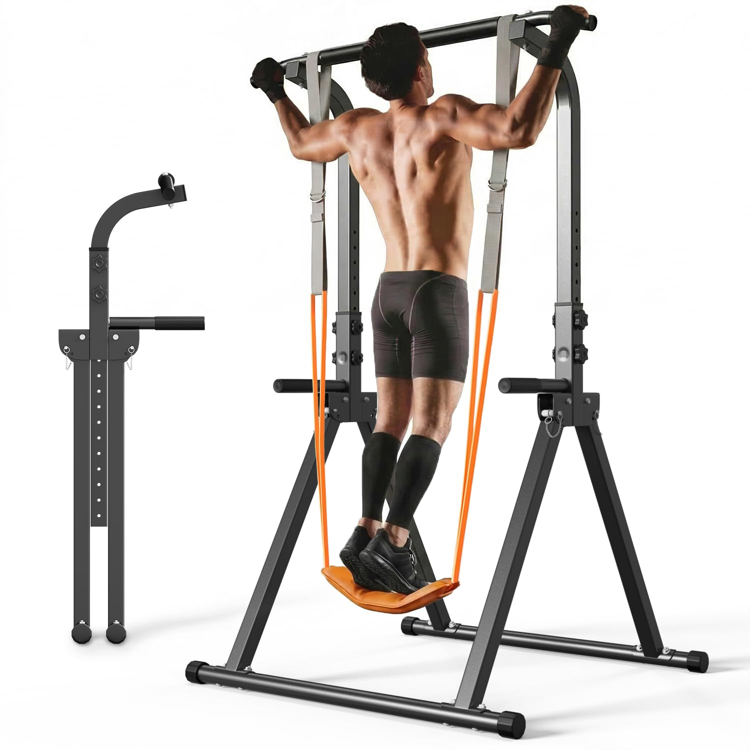 YYJO Foldable Pull Up Bar Free Standing Multi-function Power Tower Dip Bar with Assistance Bands Home Gym Strength Training Equipment