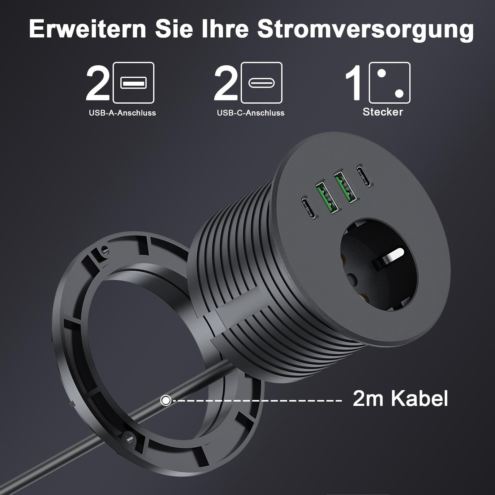 Enchufe empotrable con 65 W USB C, enchufe de mesa Haiaoyyds equipado con 1 Schuko, 2 puertos USB-A, 2 conectores USB-C y cable de alimentación de 2 m, regleta empotrable para orificio de mesa de 76