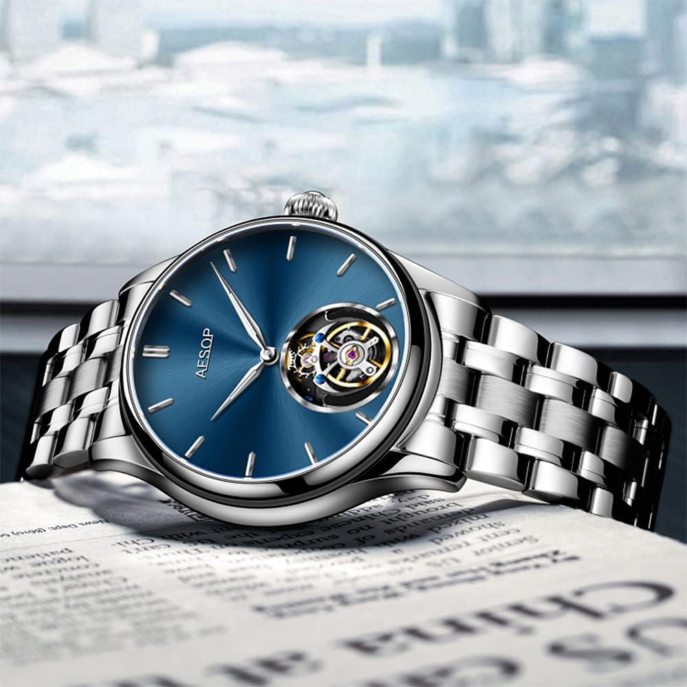 AESOP Tourbillon Watches Men Mechanical Hand Wind Wristwatches Luxury Skeleton Stainless Steel Sapphire Crystal Waterproof Dress Business Watch for Mens Gift 7040