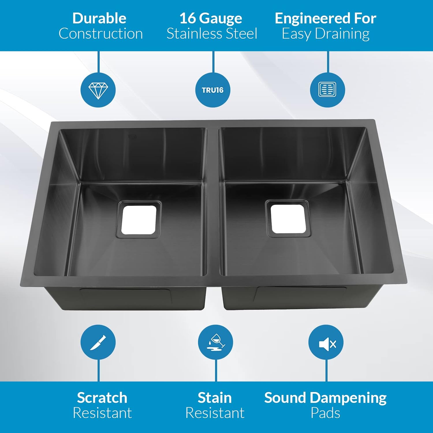 Strictly Sinks 32 Inch Undermount Double Bowl Kitchen Sink – Black Kitchen Sink Designer Shelf Accessory 16 Gauge Stainless Steel – With Bottom Grid, 1 Disposal Adapter and 2 Strainer Drains