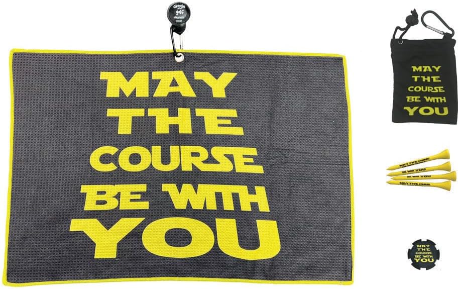 Giggle Golf May The Course Be with You Golf Towel & Tee Bag Set – 15.5" x 23.5" Waffle Microfiber Towel + Lightweight Tee Pouch with 4 Wooden Tees & Poker Chip | Funny Golf Gift for Men & Women