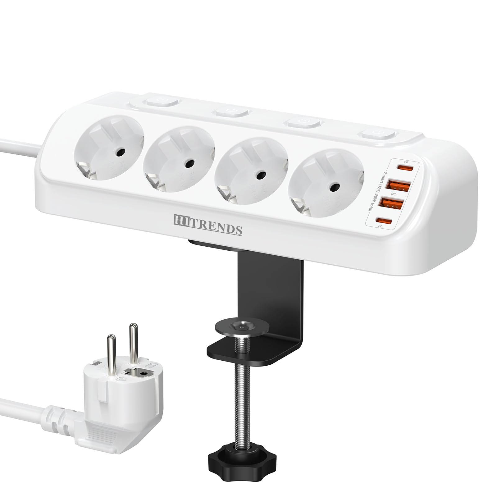 4 Fach Tischsteckdose mit USB C (PD 20W), Eck Steckdosenleiste Schreibtisch Einzeln Schaltbar, Schreibtisch Steckdose, Tischsteckdose Klemmbar mit 2M Spiralkabel - 2M Weiß White