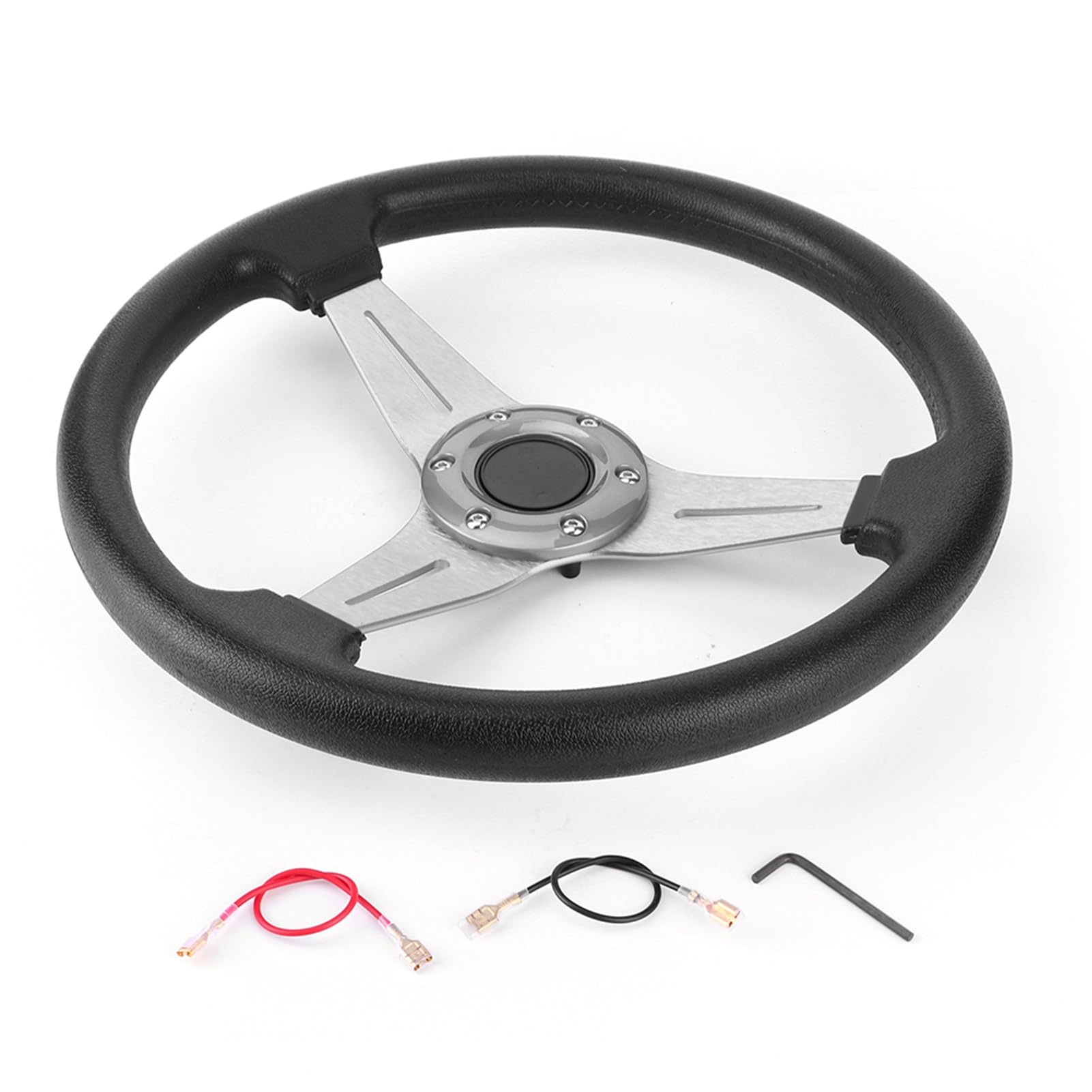 Volante di Ricambio per Auto da da 14" per Accessorio Universale, Volante Sportivo di Alta qualità per Appassionati di Auto, Lega di Alluminio + PU, Rosso/nero/argento (SILVER)