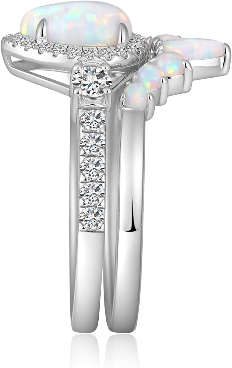 1CT White Opal Halo Wedding Ring Set Sterling Silver Three Stones Teardrop Bridal Sets, 18K White Gold Platinum Plated Pear Cut Opal Engagement Ring Sets for Women Gift for Anniversary Birthday