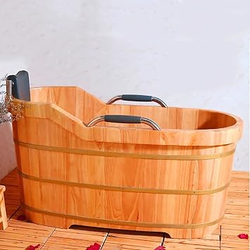 Freestanding Wooden Bathtub Lit, Solid Wood Deep Soaking Tub with Armrests, Japanese Style Soaker Alone Stand, Spa Hotel Private Bathtub, Beauty Salon Equipment,Oak,130cm/51.18"