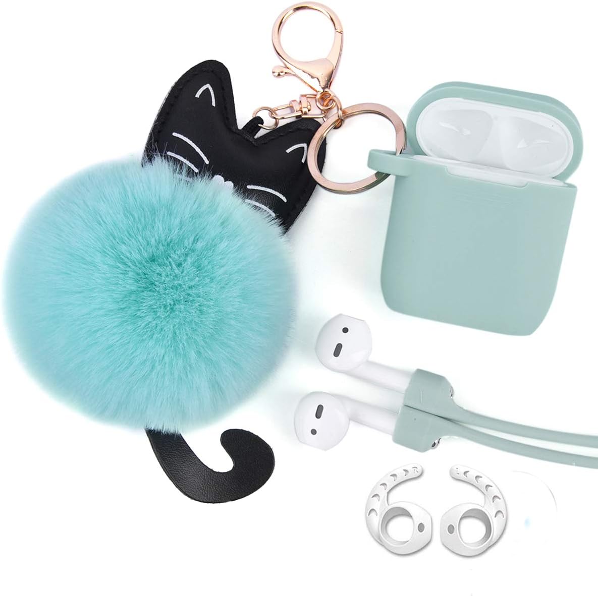Airpods Case - Airspo Case for Airpods Silicone Case Cover Compatible with Apple Airpods 1/2 Protective Skin with Fur Ball Keychain/Anti-Lost Strap/Ear Hooks (Turquoise)