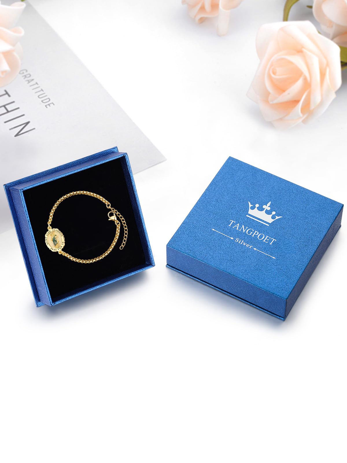 TANGPOET Pulsera de medalla de San para mujeres y hombres, plata de ley 925 chapada en oro, joyería religiosa católica, regalos para el día de la madre, día del padre, cumpleaños, Navidad, cadena