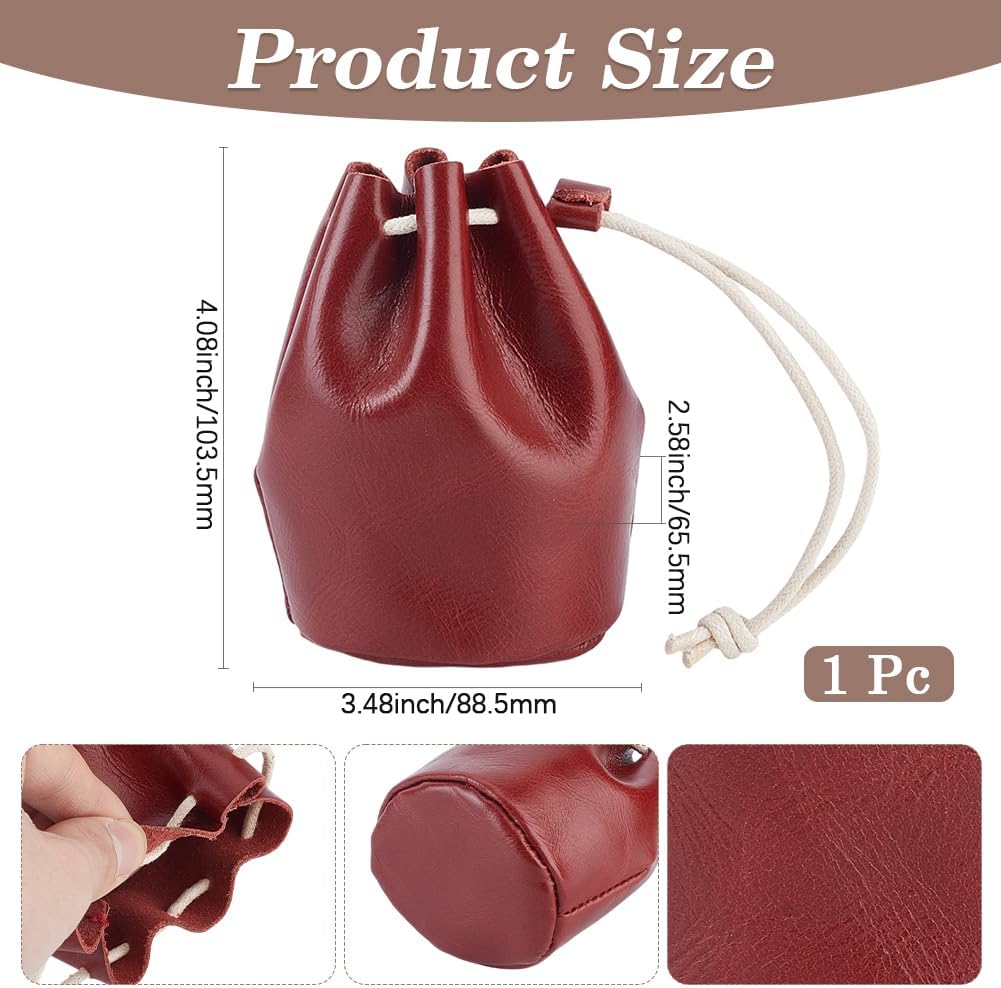 Beebeecraft Drawstring Leather Coin Pouches, 10x9x7cm Cowhide Leather Pouch Dark Red Waterproof Medieval Money Bag Dice Purse Column Wallet Change Storage Organizer for Jewelry Mens Gift