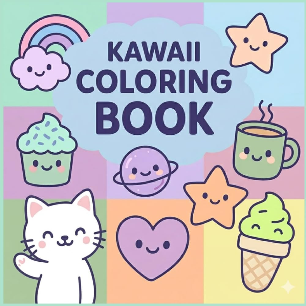 Kawaii Coloring Book for All Ages: Cute and Easy Designs Featuring Adorable Animals, Food, and Fun Characters for Relaxation and Stress Relief