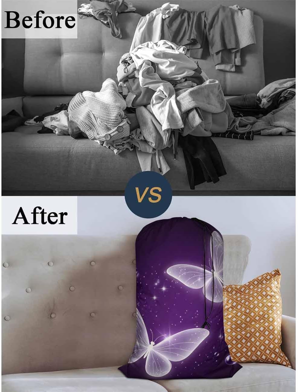 Swono Purple Butterfly Laundry Bags 28" x 40", Magic Flying Animal Sparkle Laundry Hamper Basket, Versatile - Multi Use, Oxford Cloth image 5