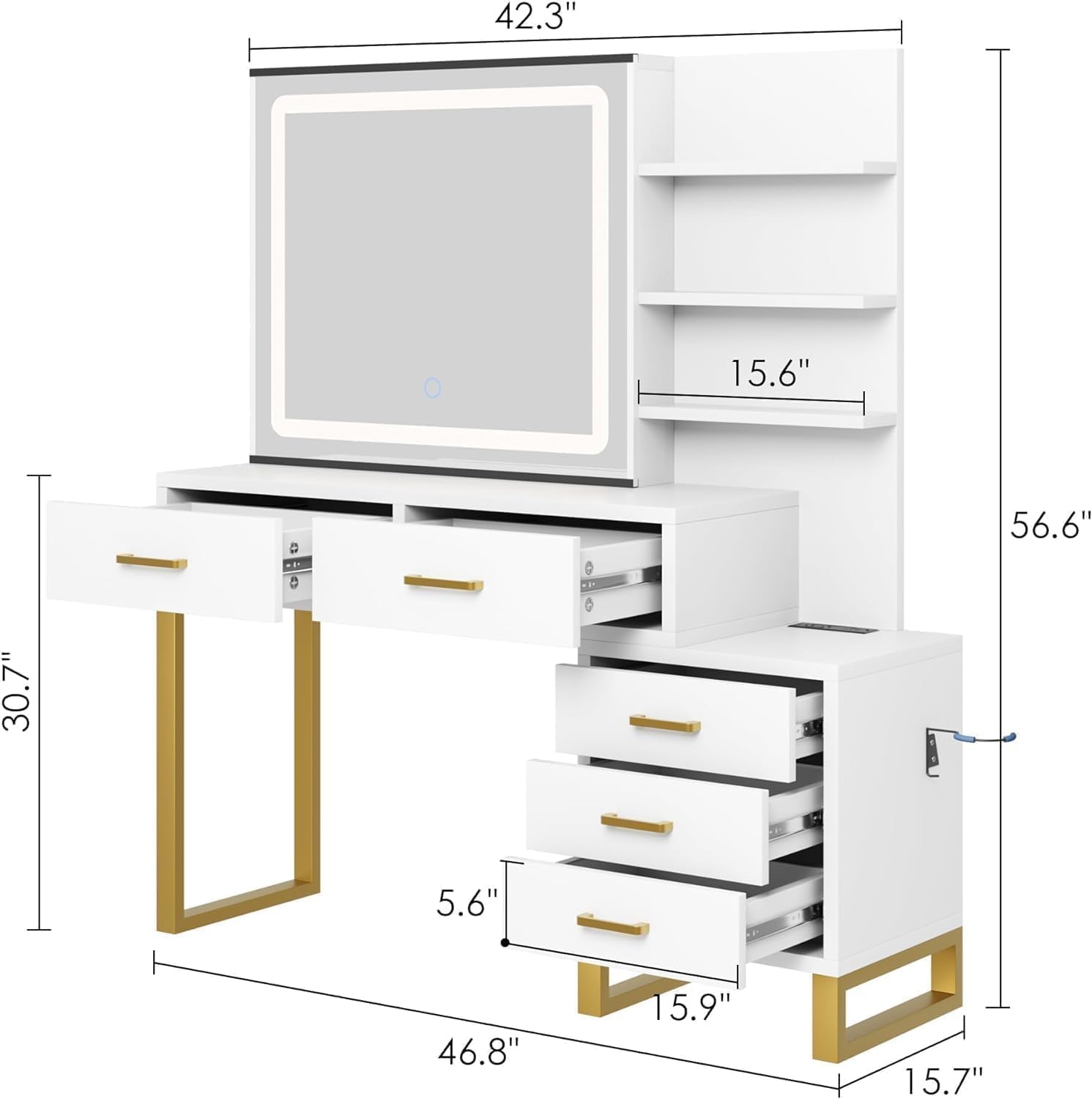 GarveeHome Makeup Vanity Desk with Sliding Mirror and Lights, Large Dressing Table with Charging Station, 3 Lighting Modes, 5 Large Drawers and 3 Tiers of Open Shelves, for Bedroom, White & Gold