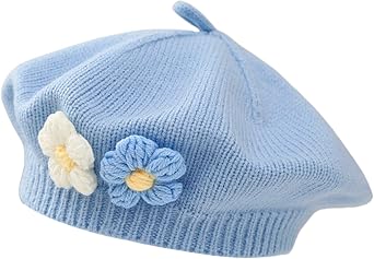 Baby Beret Hat Toddler Girls Winter Warm Knit Beanie French Artist Bonnet Cap with Cute Flower Accent
